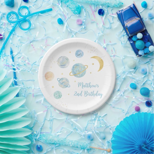 Blue Pastel Two the Moon Space Birthday Paper Plate (Party)