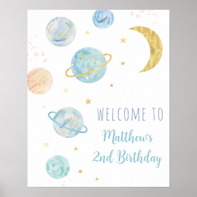 Blue Pastel Two the Moon Space Birthday Welcome Poster (Front)