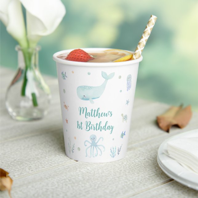 Blue Pastel Under the Sea Birthday Paper Cups (Insitu)