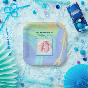 Blue Pastel Welcome First Born Photo Paper Plate