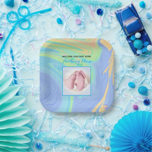 Blue Pastel Welcome First Born Photo Paper Plate (Party)
