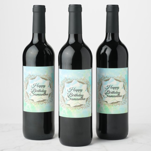 Blue Pastels Elegant Lotus Flower Birthday Wine Label (Bottles)