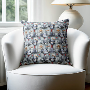 Blue Patchwork Dog Pattern Throw Pillow