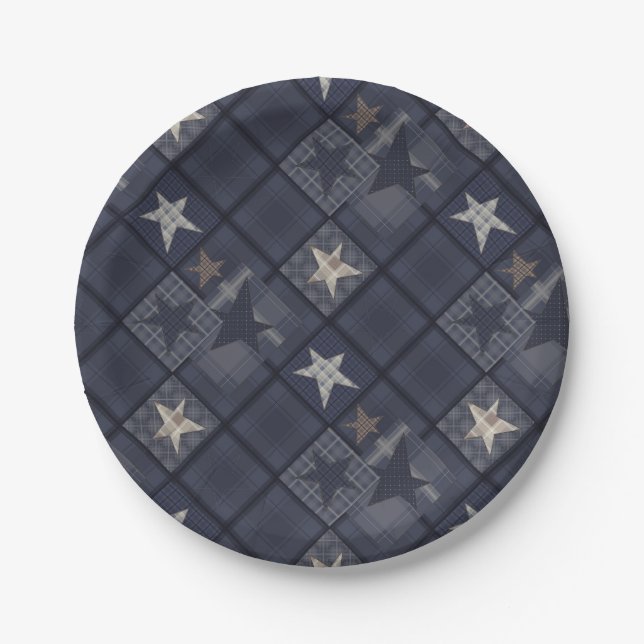 Blue patchwork paper plate (Front)