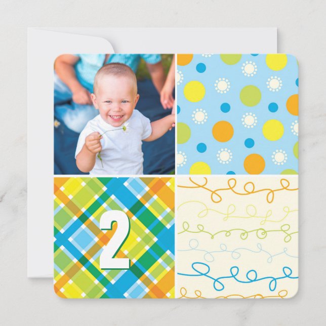 Blue Patchwork Pattern Squares Boy Photo Birthday Invitation (Front)