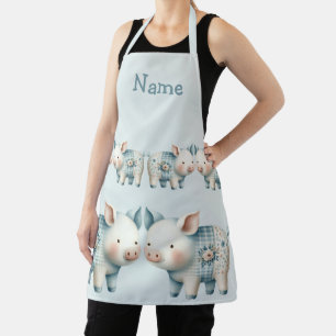 Blue Patchwork Pig Cottagecore Illustration Apron