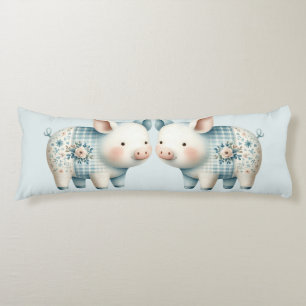 Blue Patchwork Pig Cottagecore Illustration Body Pillow