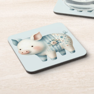 Blue Patchwork Pig Cottagecore Illustration Coaster