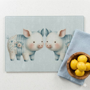 Blue Patchwork Pig Cottagecore Illustration Cutting Board