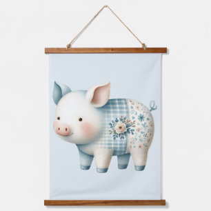 Blue Patchwork Pig Cottagecore Illustration Hanging Tapestry