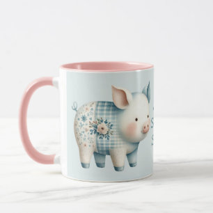 Blue Patchwork Pig Cottagecore Illustration Mug