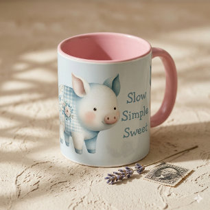 Blue Patchwork Pig Cottagecore Illustration Mug