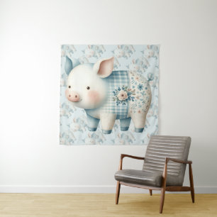 Blue Patchwork Pig Cottagecore Illustration Tapestry