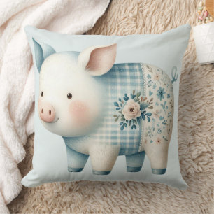 Blue Patchwork Pig Cottagecore Illustration Throw Pillow