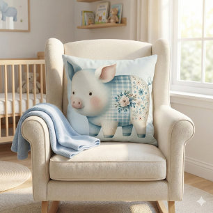 Blue Patchwork Pig Cottagecore Illustration Throw Pillow