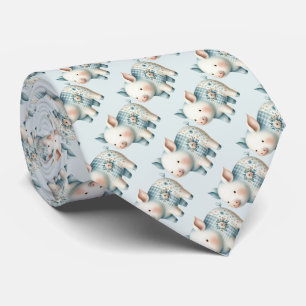 Blue Patchwork Pig Cottagecore Illustration Tie