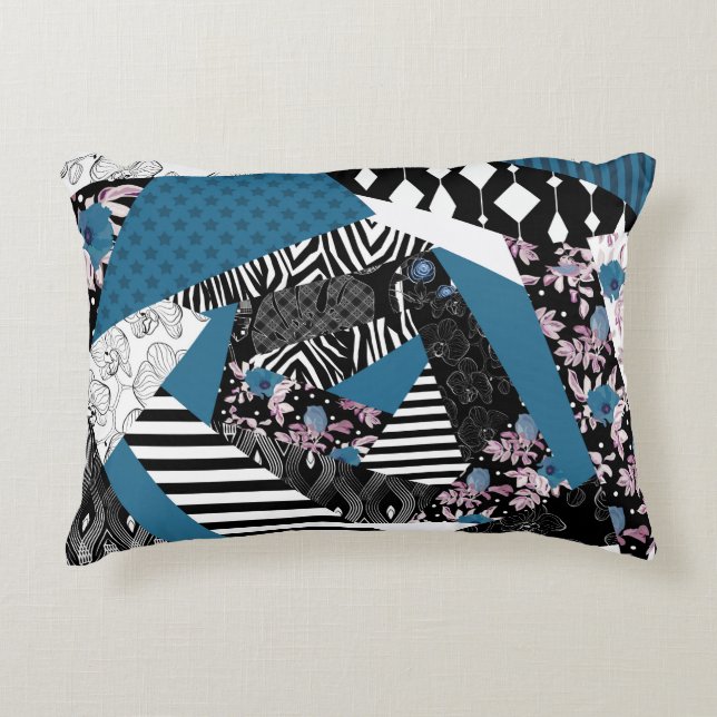 Blue patchwork, popular, patchwork, folk, rustic,  accent pillow (Front)