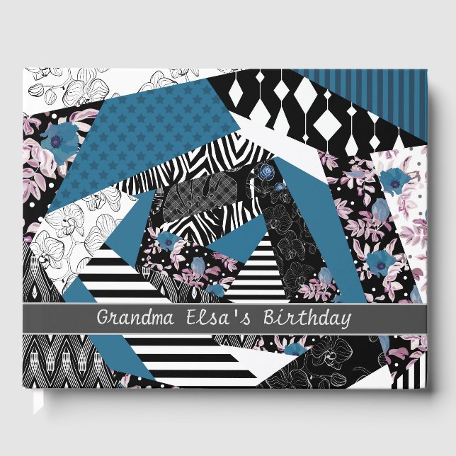 Blue patchwork, popular, patchwork, folk, rustic,  guest book (Front)