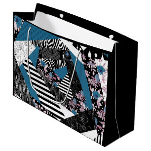 Blue patchwork, popular, patchwork, folk, rustic,  large gift bag