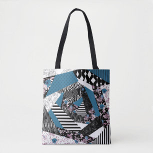 Blue patchwork, popular, patchwork, folk, rustic,  tote bag