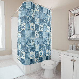 Blue Patchwork Quilt Rustic Floral Retro 