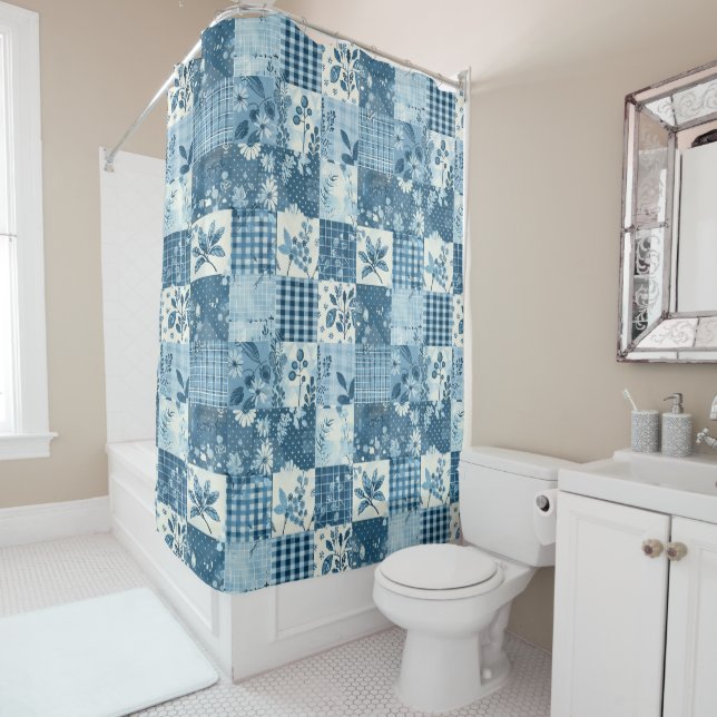 Blue Patchwork Quilt Rustic Floral Retro  (In Situ)
