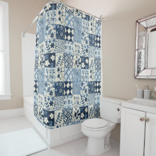Blue Patchwork Quilt Rustic Floral Retro 