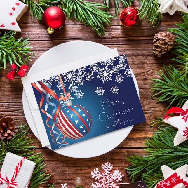 Blue Patriotic Christmas Holiday Card (Card on table)