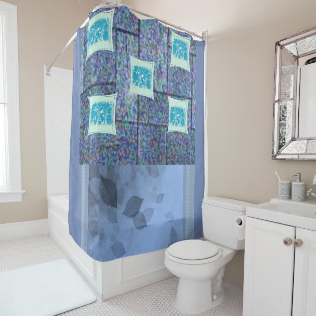 blue pattern asst coloured showercurtain (In Situ)