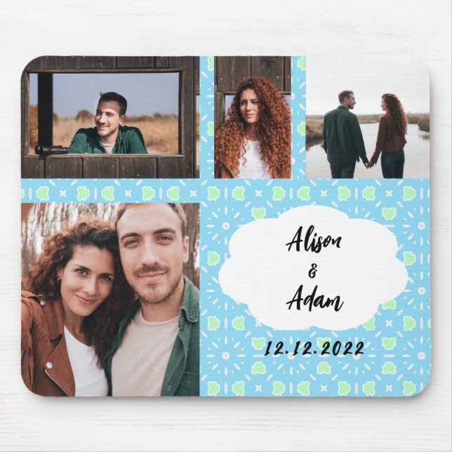 Blue Pattern Couple Photo Collage with Names Mouse Pad (Front)