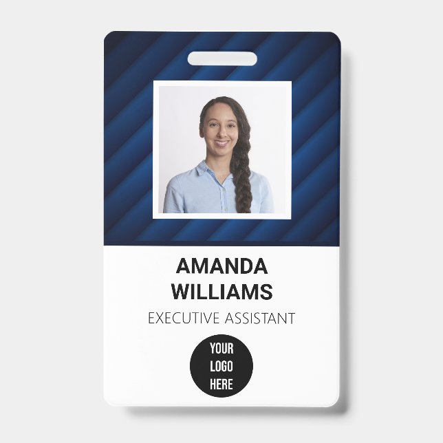 Blue Pattern Employee QR Code Barcode Name Badge (Front)