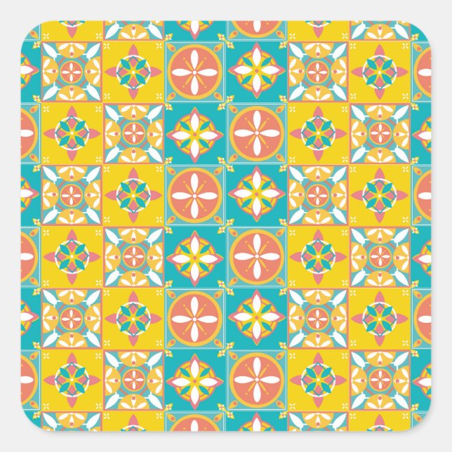 Blue pattern in cheerful colors square sticker (Front)