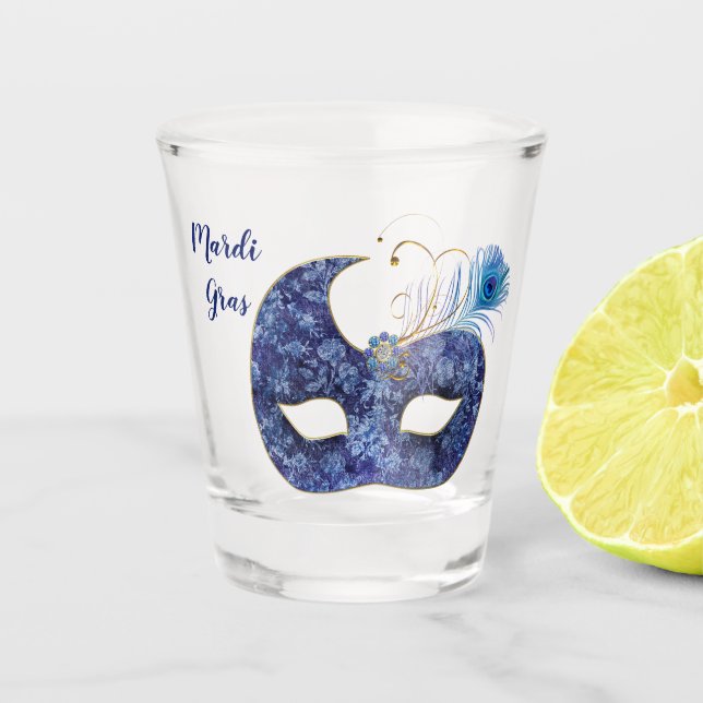 Blue Pattern Mardi Gras Mask Shot Glass (Front)