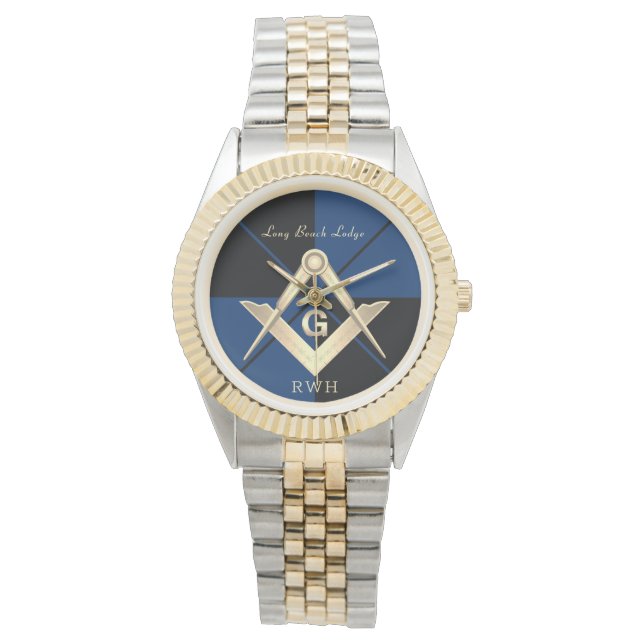 Blue Pattern Monogram Masonic Lodge Watch (Front)