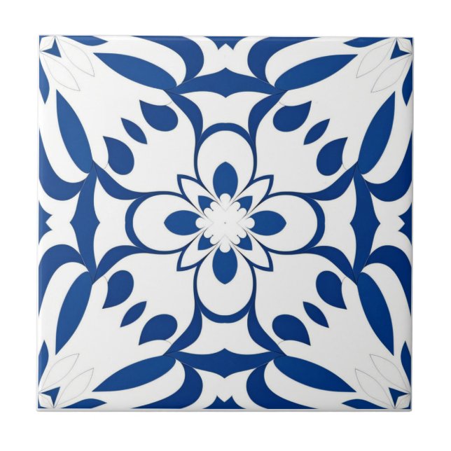 Blue pattern on white background tile (Front)
