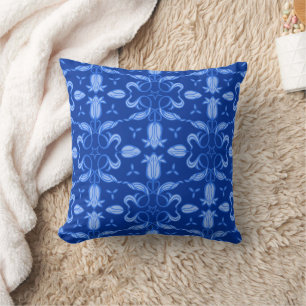 Blue pattern tulip flower and leaf twist pillow
