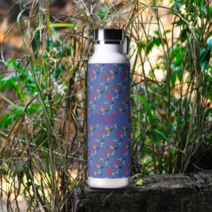 Blue pattern wildflowers red poppy insulated water bottle