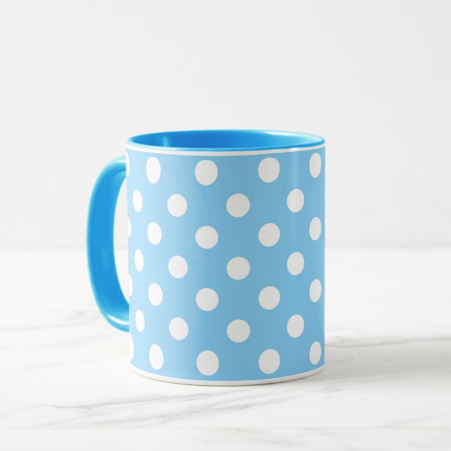 blue pattern with white polka dots mug (Front Left)