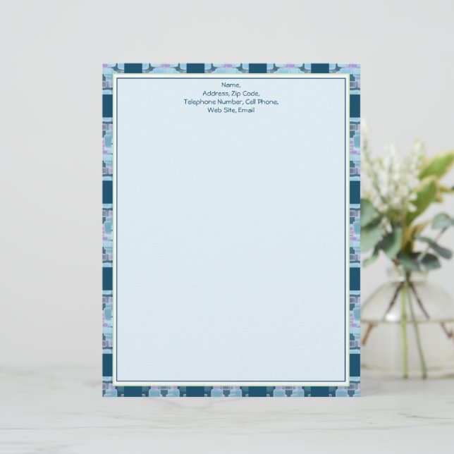 Blue Patterned Design With Purple Letterhead (Standing Front)