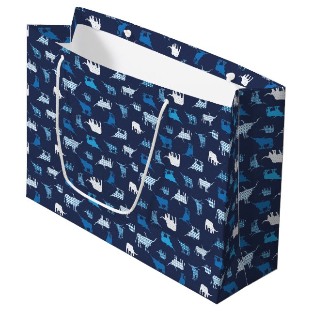 Blue Patterned Longhorns Pattern Large Gift Bag (Front Angled)
