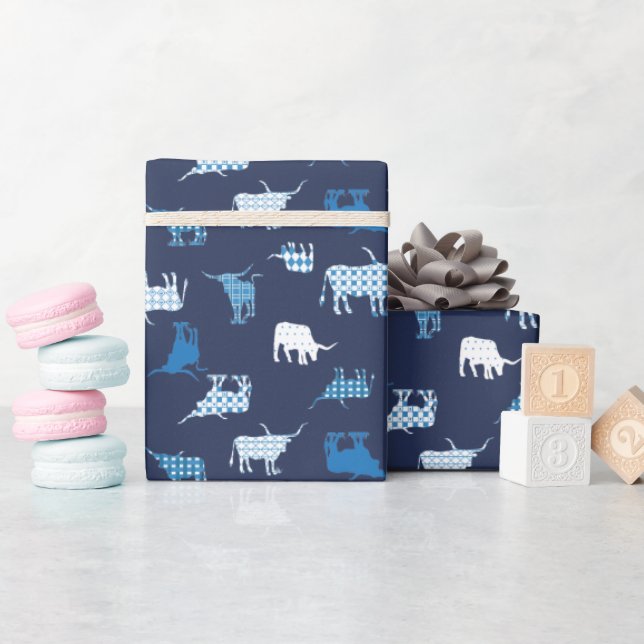 Blue Patterned Longhorns Pattern Wrapping Paper (Baby Shower)