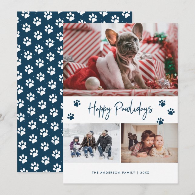 Blue Paw Print 3 Photo Collage Happy Pawlidays Pet Holiday Card (Front/Back)