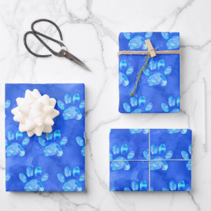 Blue Paw Print Custom Watercolor Wrapping Paper Sheet
