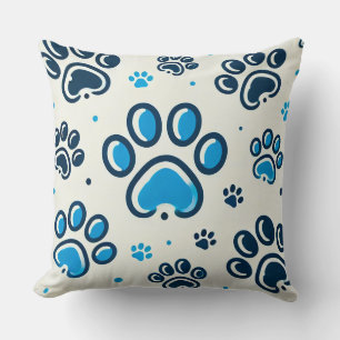 Blue Paw Print Pattern Throw Pillow