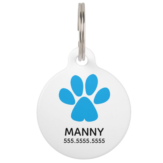 Blue Paw Print, Personalized Pet Details & QR Code Tag (Front)