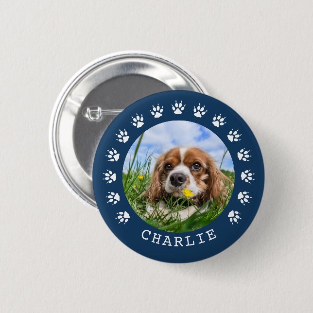 Blue Paw Prints Frame Pet Photo 2 Inch Round Button (Front & Back)