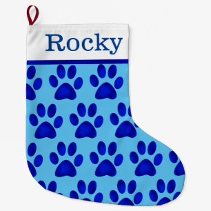 Blue Paw Prints on Blue Large Christmas Stocking