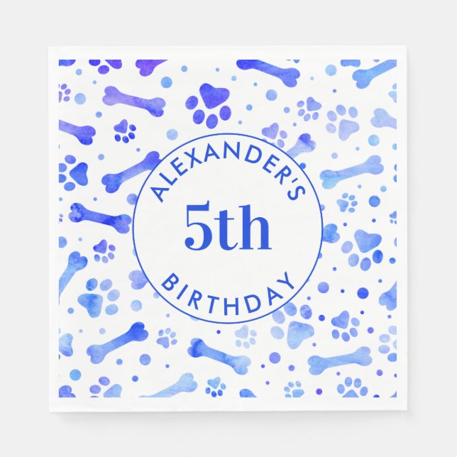 Blue Paw Prints Personalized Watercolor Birthday Napkin (Front)