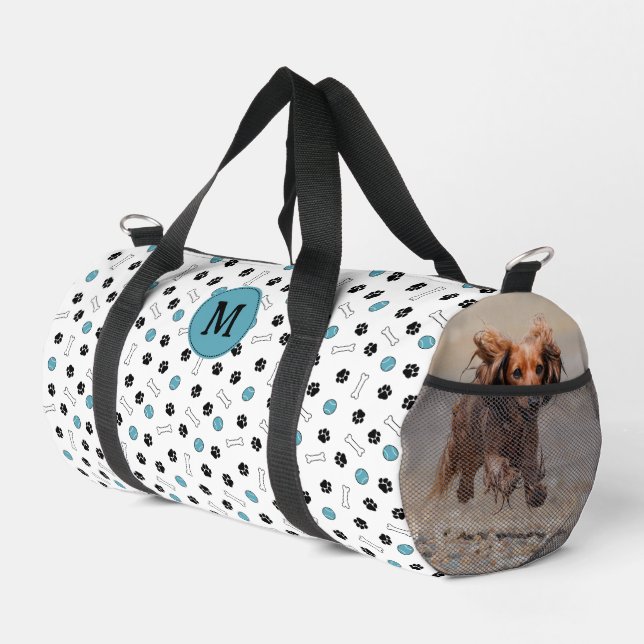 Blue Paws Bones Ball Dog Photos & Monogram Duffle Bag (Right Corner)