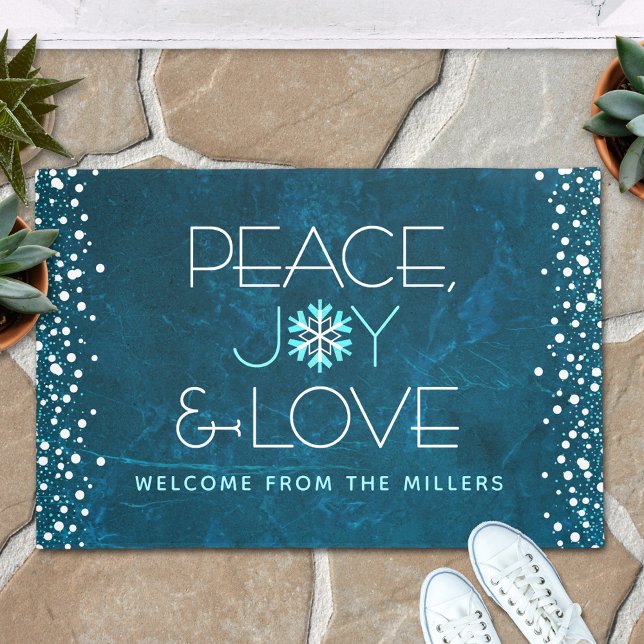 Blue Peace Joy Love Holiday Bold Modern Snowflake Doormat (Creator Uploaded)